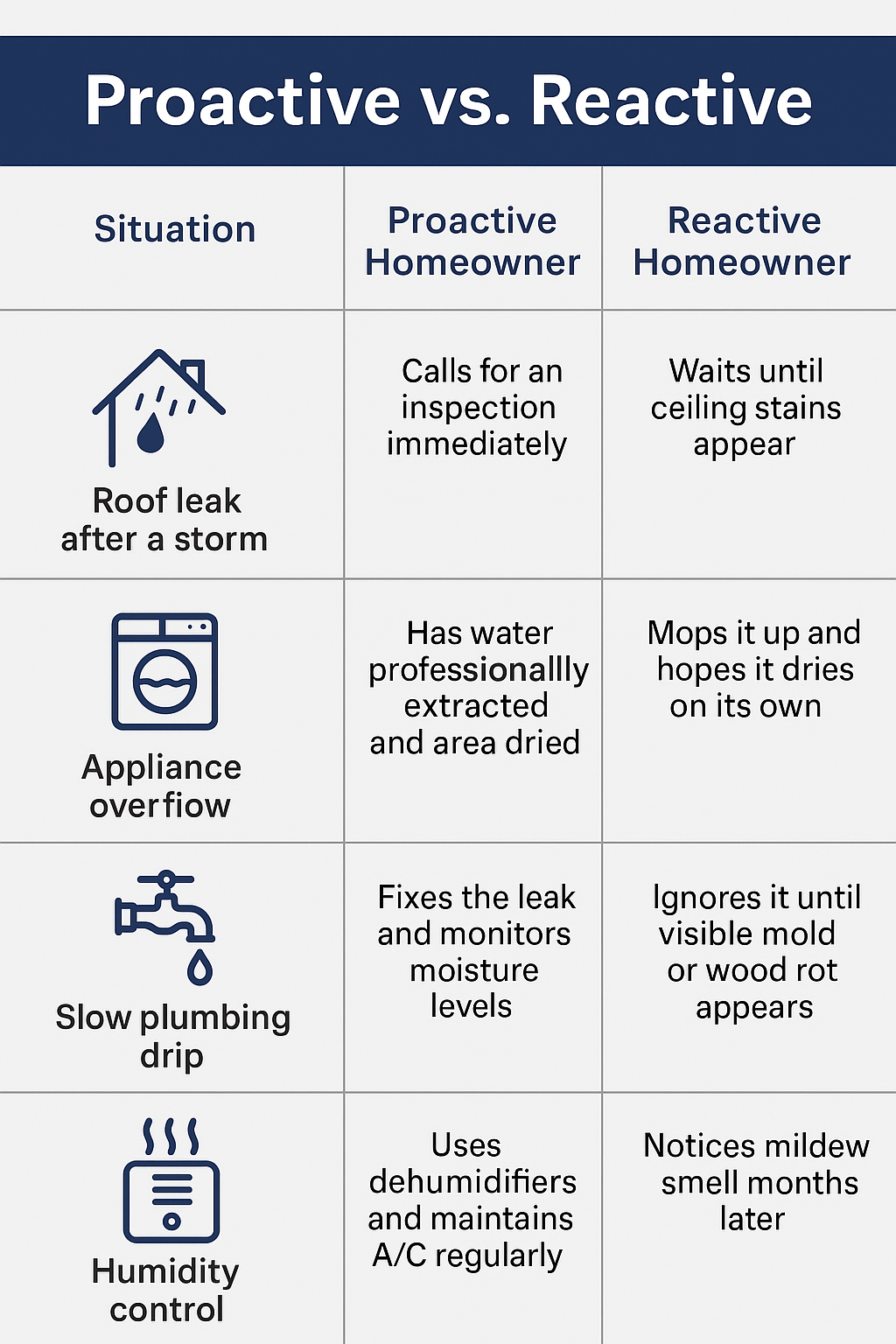 Infographic comparing proactive versus reactive homeowner responses to water damage. Includes four examples: roof leak after a storm, appliance overflow, slow plumbing drip, and humidity control