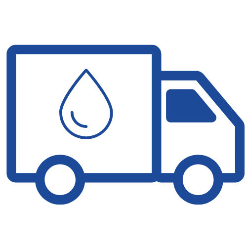 A blue outline icon of a delivery truck with a water droplet symbol in the center.