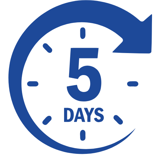 A blue circular countdown timer with the number 5 in the center and the word 'DAYS' below it, indicating a countdown of five days.