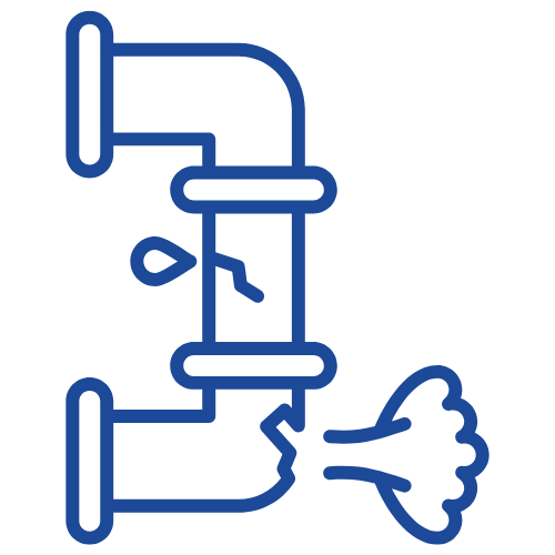 Blue line icon of a leaking faucet spraying water.