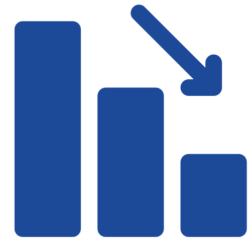 A blue bar graph with three vertical bars decreasing in height from left to right, and a downward-pointing arrow above them.