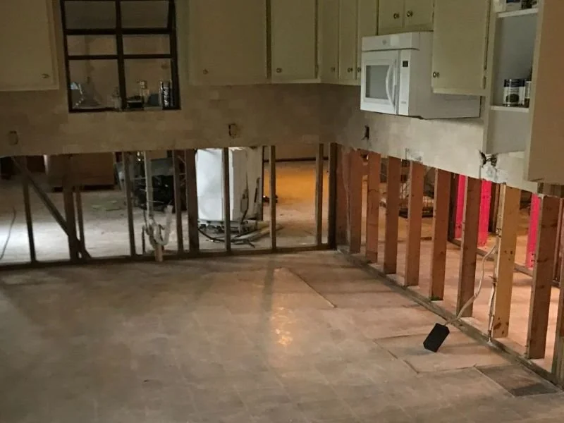 kitchen sewage damage removal cleanup, bare studs, 4 foot flood cut.