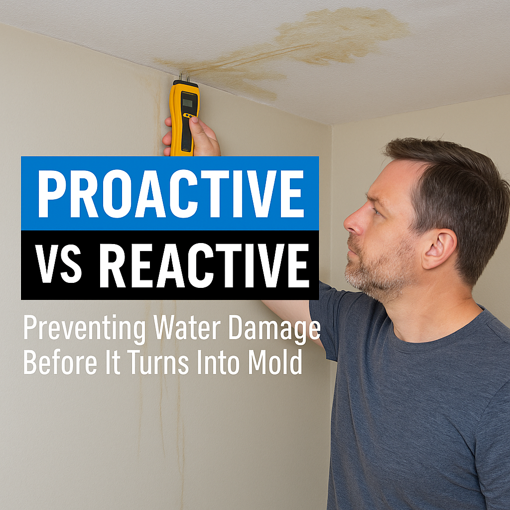 Proactivs vs reactive - a man checks ceiling stains for moisture with a yellow meter.