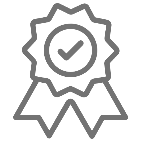 Gray award ribbon with a checkmark inside a circle at the center.