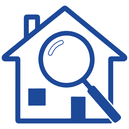 Icon of a house with a magnifying glass, representing home inspection or search.
