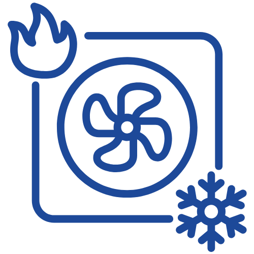 Icon of an HVAC unit with a fan, snowflake, and flame representing AC condensation leaks.