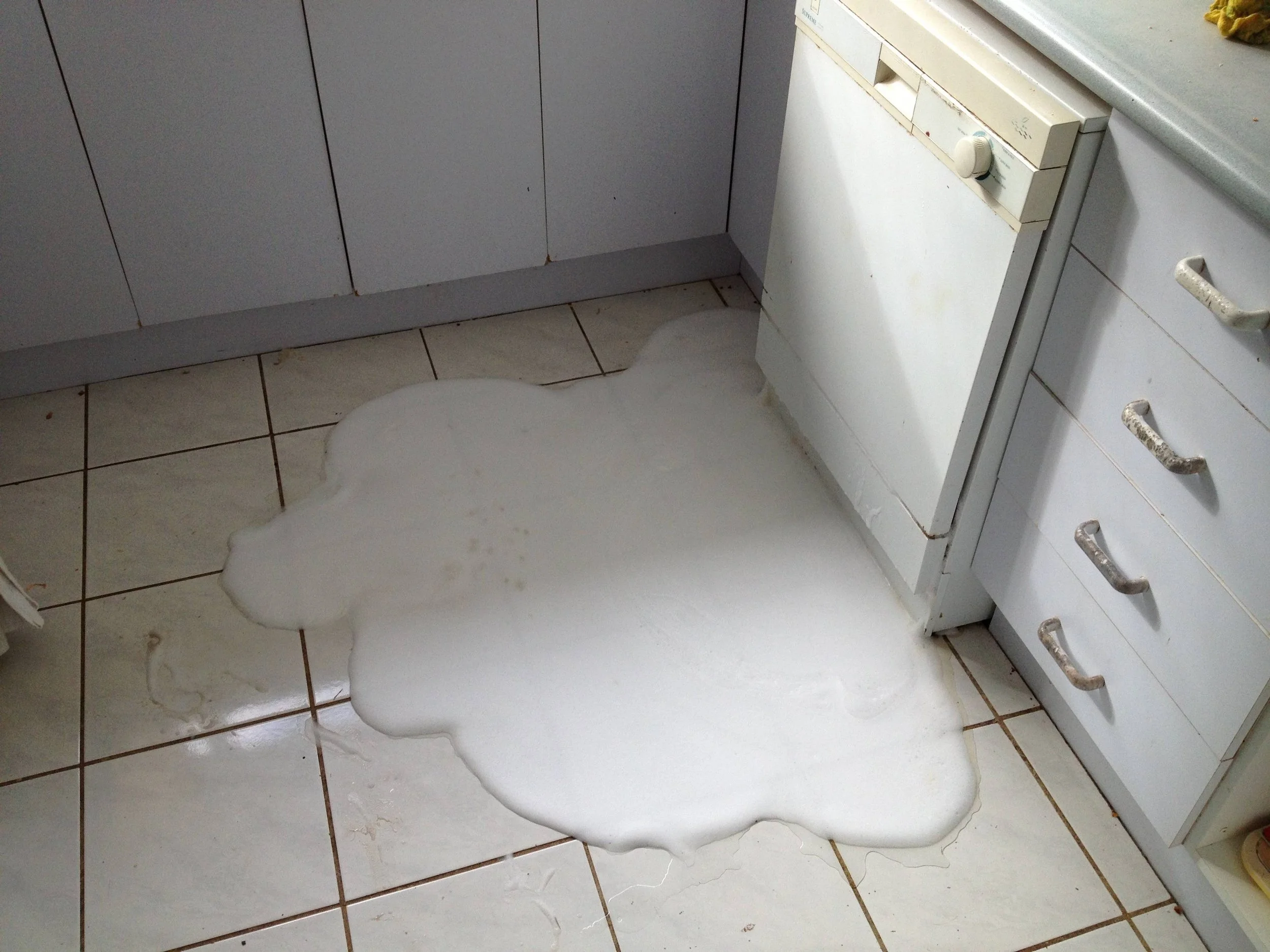 Spilled milk on kitchen floor near white cabinets and dishwasher