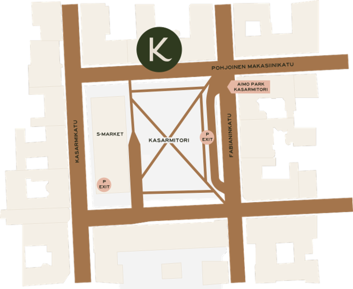 A map showing Kasarmitori, Pohjoinen Makasiininkatu, Fabianinkatu, S-Market, and Aimo Park, along with the Kasarmitori parking area.
