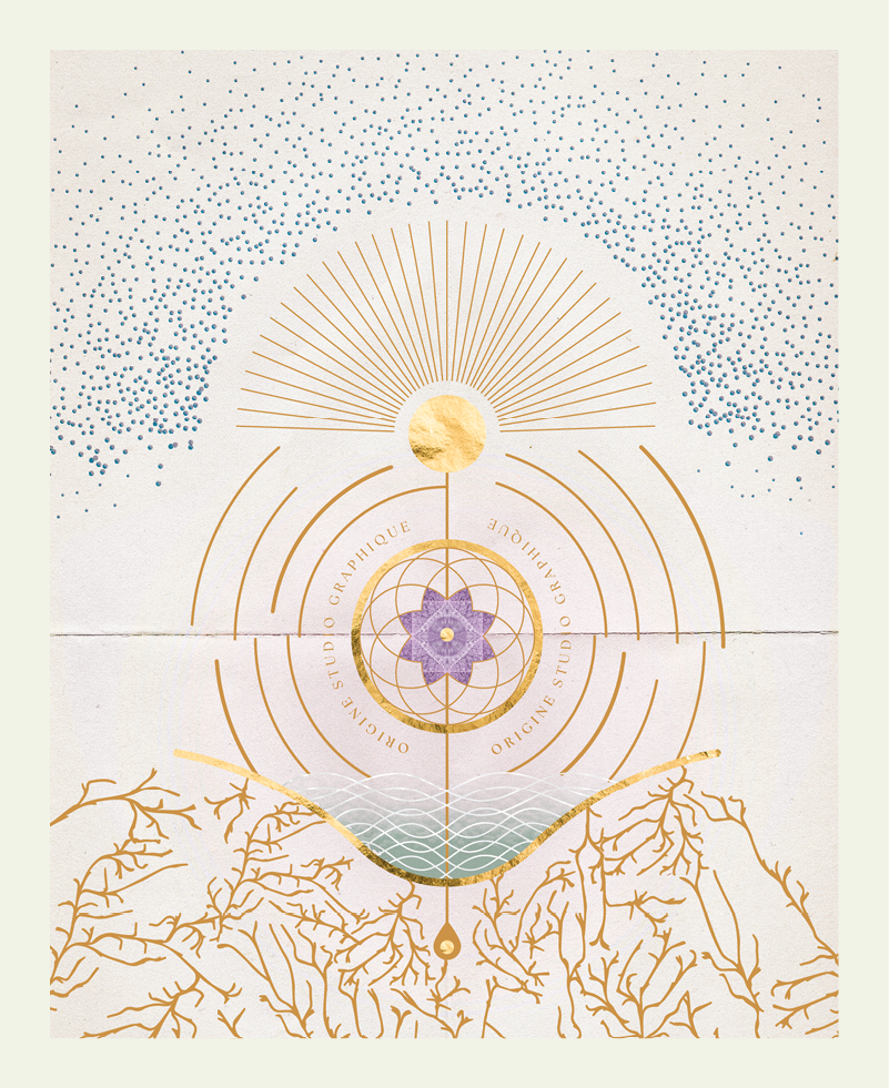 Symbole solaire dore evoquant le rayonnement et l'energie lumineuse des identites visuelles creees par Studio Origine, Bourgogne