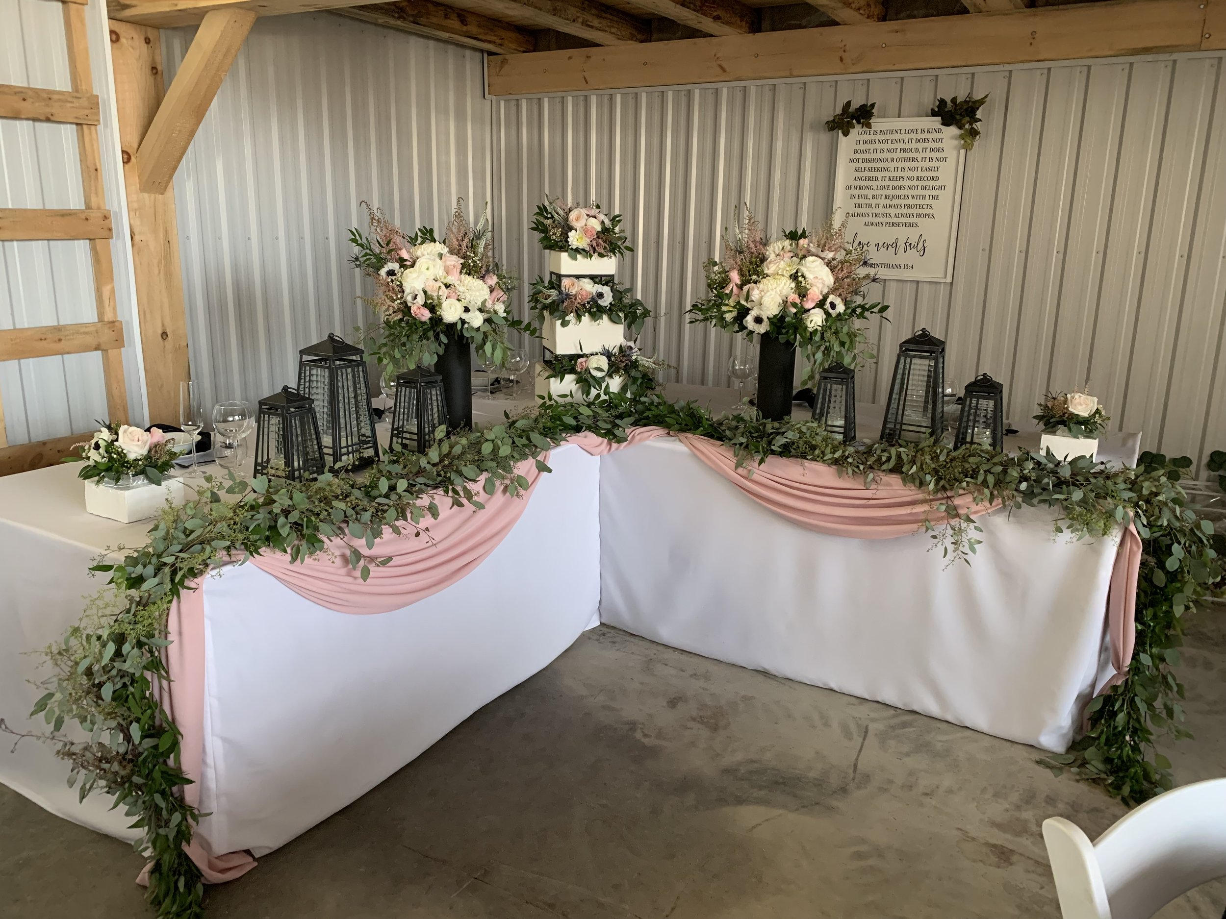 Wedding Table Vase Arrangements, Cake Flowers and Cascading Garland