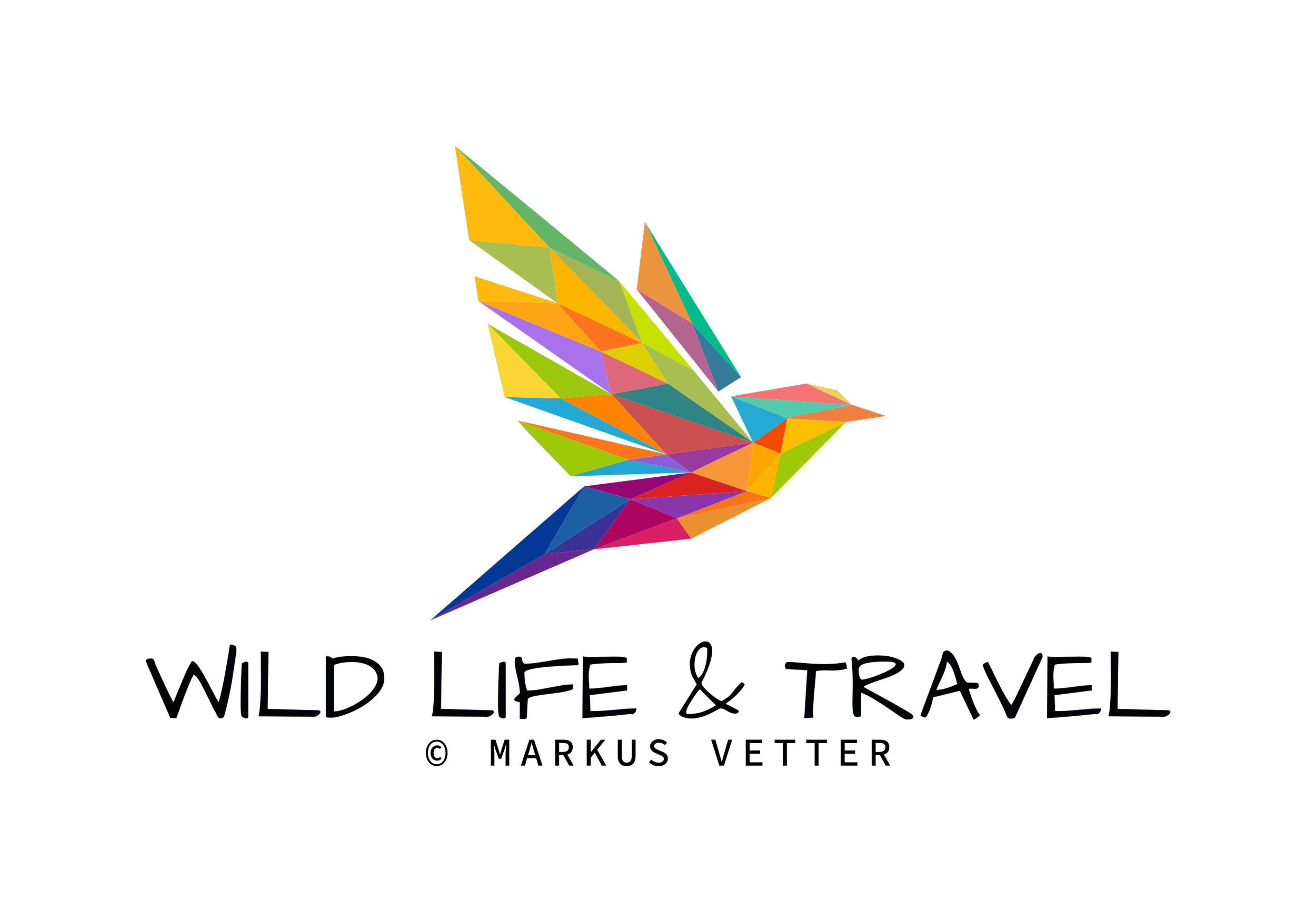 Ein bunter, geometrischer Kolibri mit einem farbenfrohen Gefieder, daneben der Text "Wild Life & Travel"