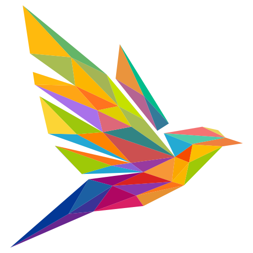 Colorful abstract geometric shape resembling a bird or a fish.