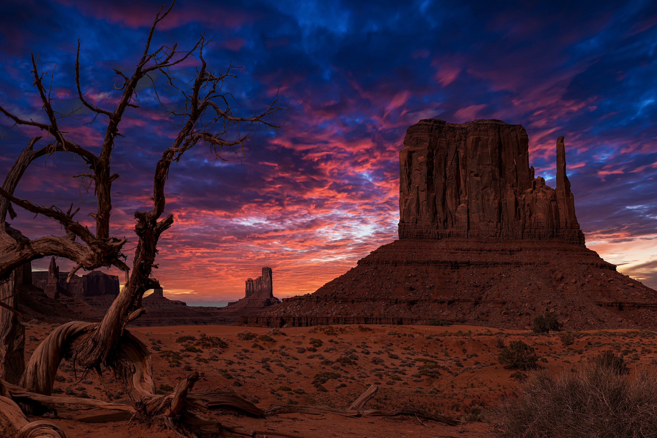 A desert landscape at sunset with a large flat-topped rock formation and smaller similar formations in the distance, a dead tree in the foreground, and a colorful sky with pink, purple, and blue clouds.