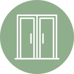 white outline graphic of double doors in a light green circle