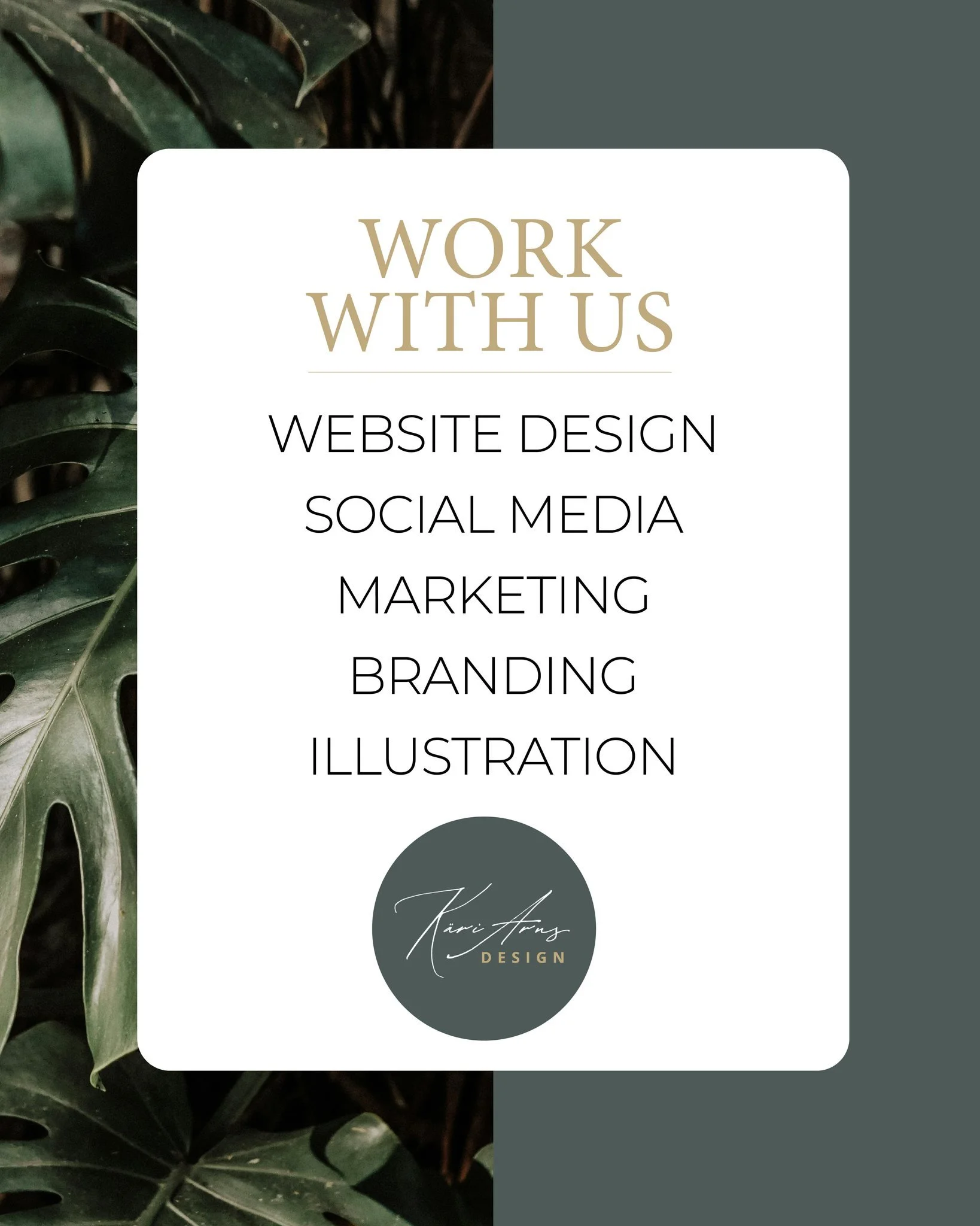✨ Ready to Refresh Your Business&rsquo;s Look? ✨

Whether you need a brand-new website, a fresh logo, cohesive branding, or a professional brochure, Kari Arns Design can help bring your vision to life!

From eye-catching designs to user-friendly webs