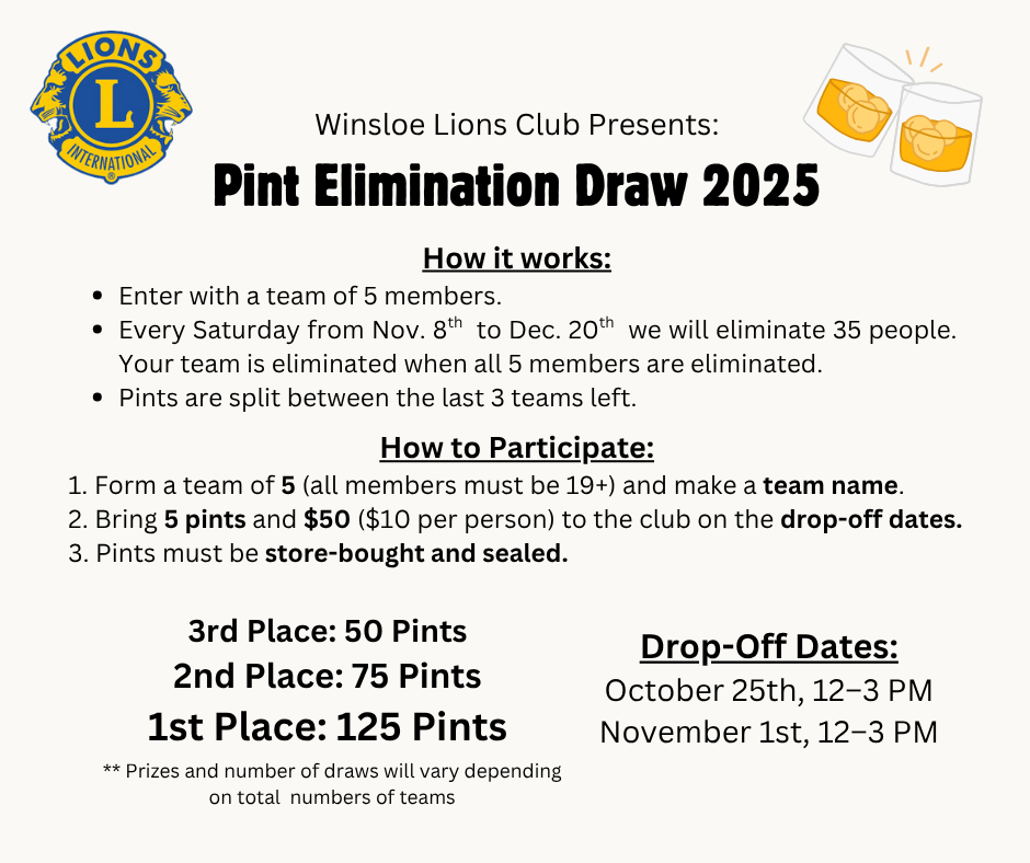 Flyer for Winsloe Lions Club's Pint Elimination Draw 2025, featuring the Lions International logo and illustrations of two glasses of whiskey on ice.