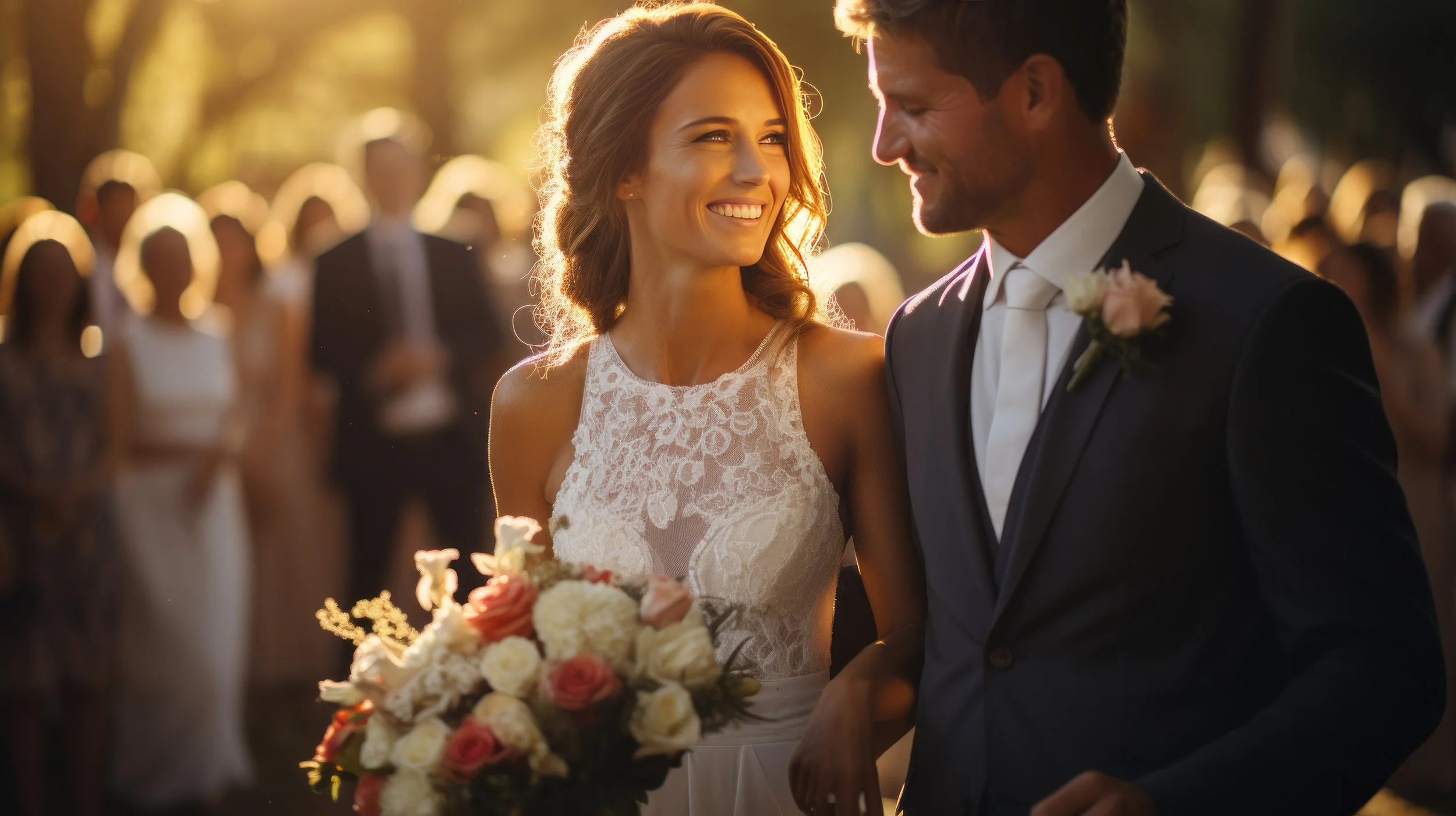 A bride and groom smiling at each other during their wedding ceremony outdoors at sunset, with guests blurred in the background.