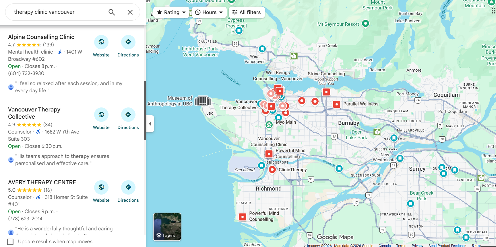 Google map search image for therapy clinics in Vancouver