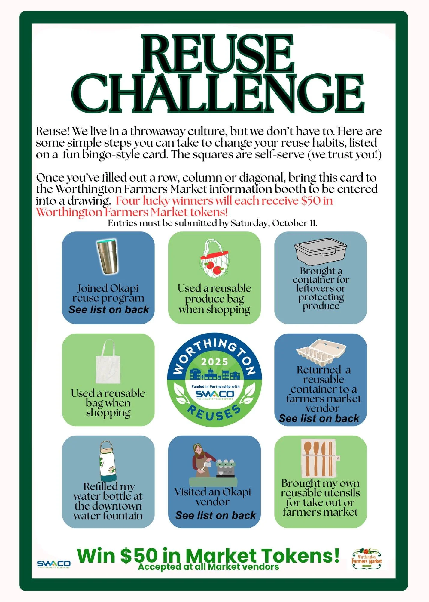 ♻️ Tomorrow (Saturday October 11th) is your last chance to play (and win!) in the Worthington Farmers Market’s Reuse Challenge!
Join us Saturday, October 11, for the final day of our Reuse Bingo event — celebrating sustainable shopping a