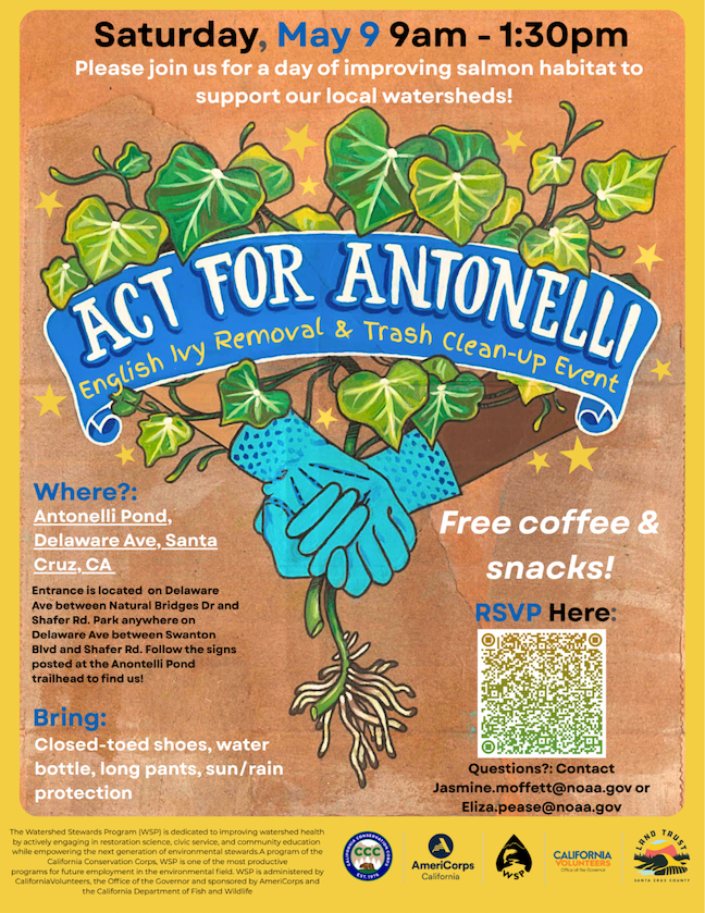 Land Trust of Santa Cruz County: Act for Antonelli Pond English Ivy Removal &amp; Trash Clean-up Event, May 9, 9 am - 1:30 pm