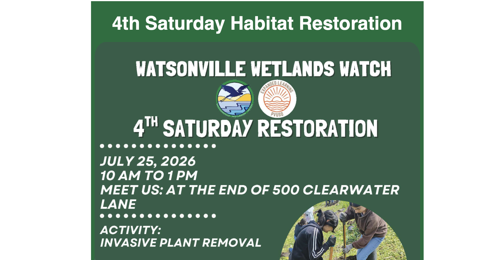 Watsonville Wetlands Watch: 4th Saturday Habitat Restoration Event, July 25, 10 am - 1 pm