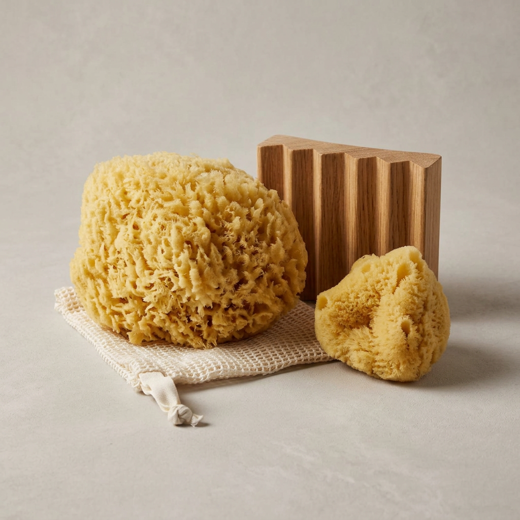 Large sponge, small sponge, cotton soap bag, and wood soap dish on beige background, perfect deluxe set for pairing with Inlet Soap Co. soap bar.