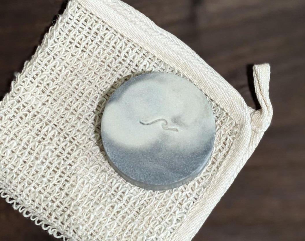 Close-up of Dead Sea mud and charcoal swirl in handcrafted sea salt soap bar