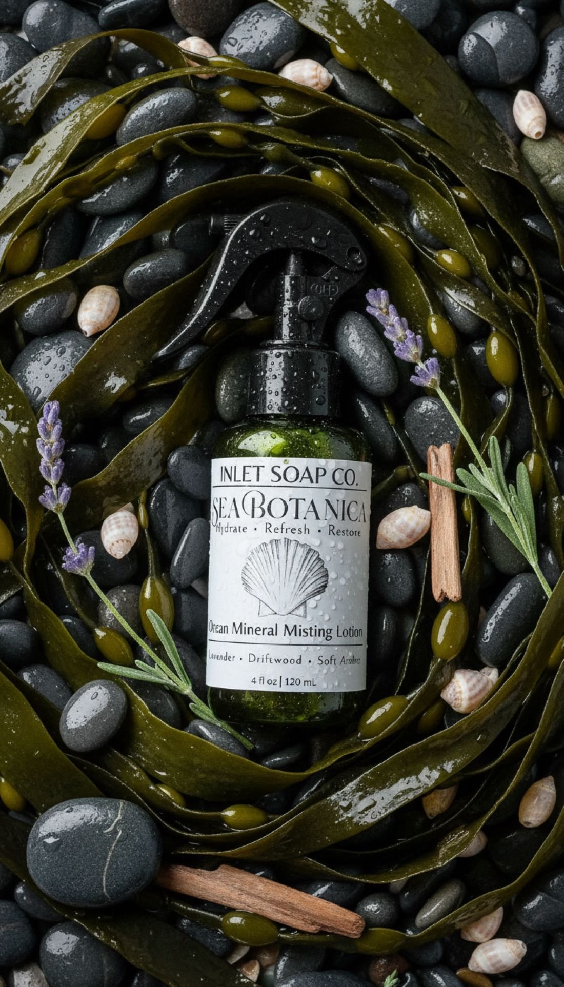 Sea Botanica by Inlet Soap Co. sea kelp spray lotion packaged in green glass spray bottle.