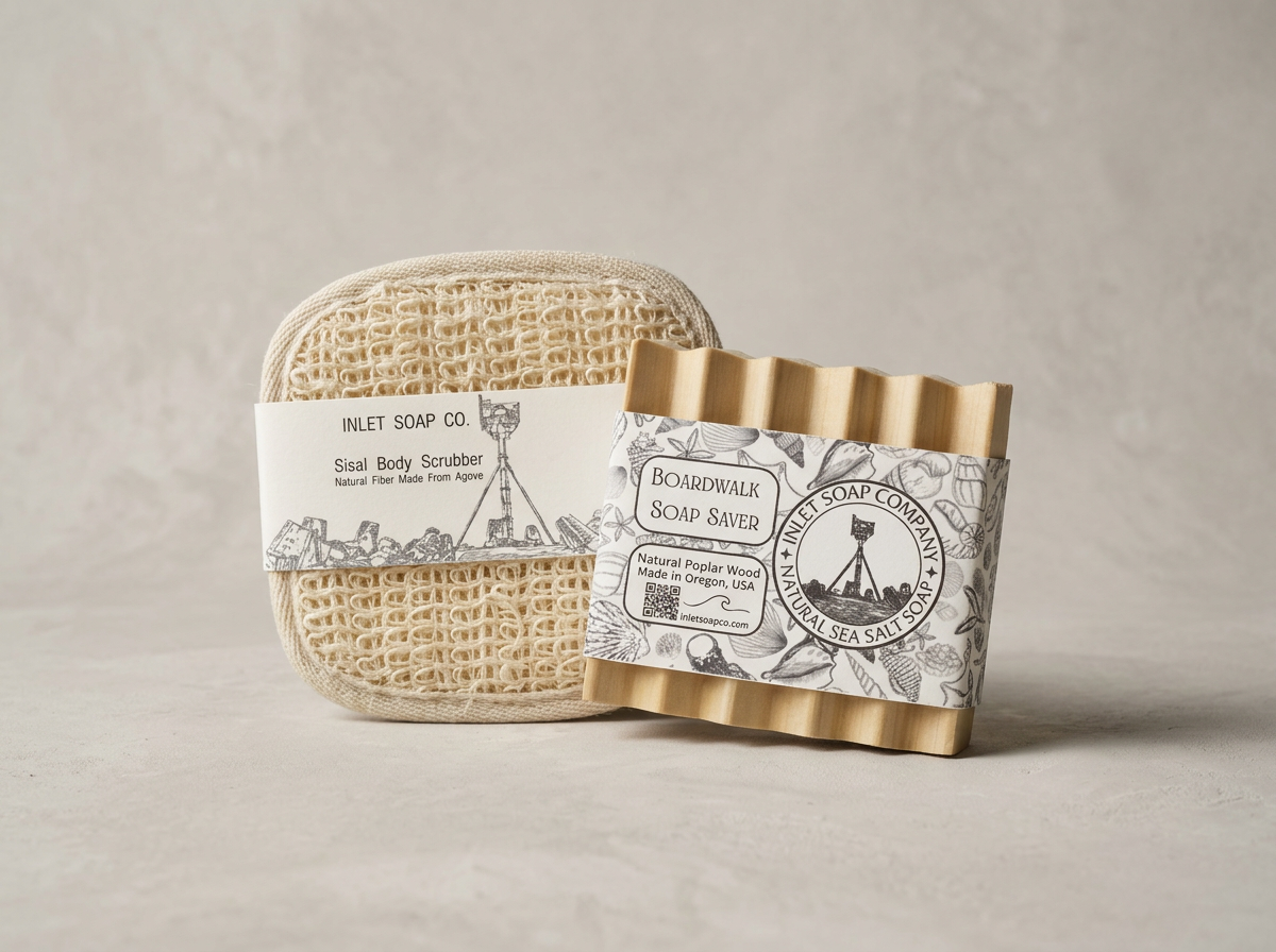 Boardwalk soap dish and sisal body scrubber on beige background, perfect accessory set for your Inlet Soap Co. soap bar.
