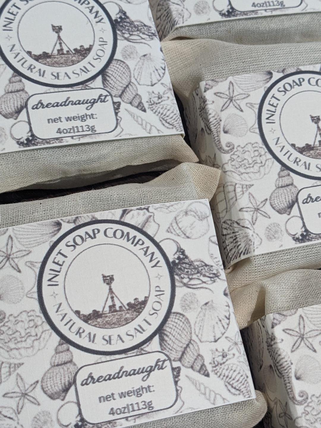 Eco-friendly packaging – Dreadnaught sea salt soap wrapped in unbleached muslin cloth