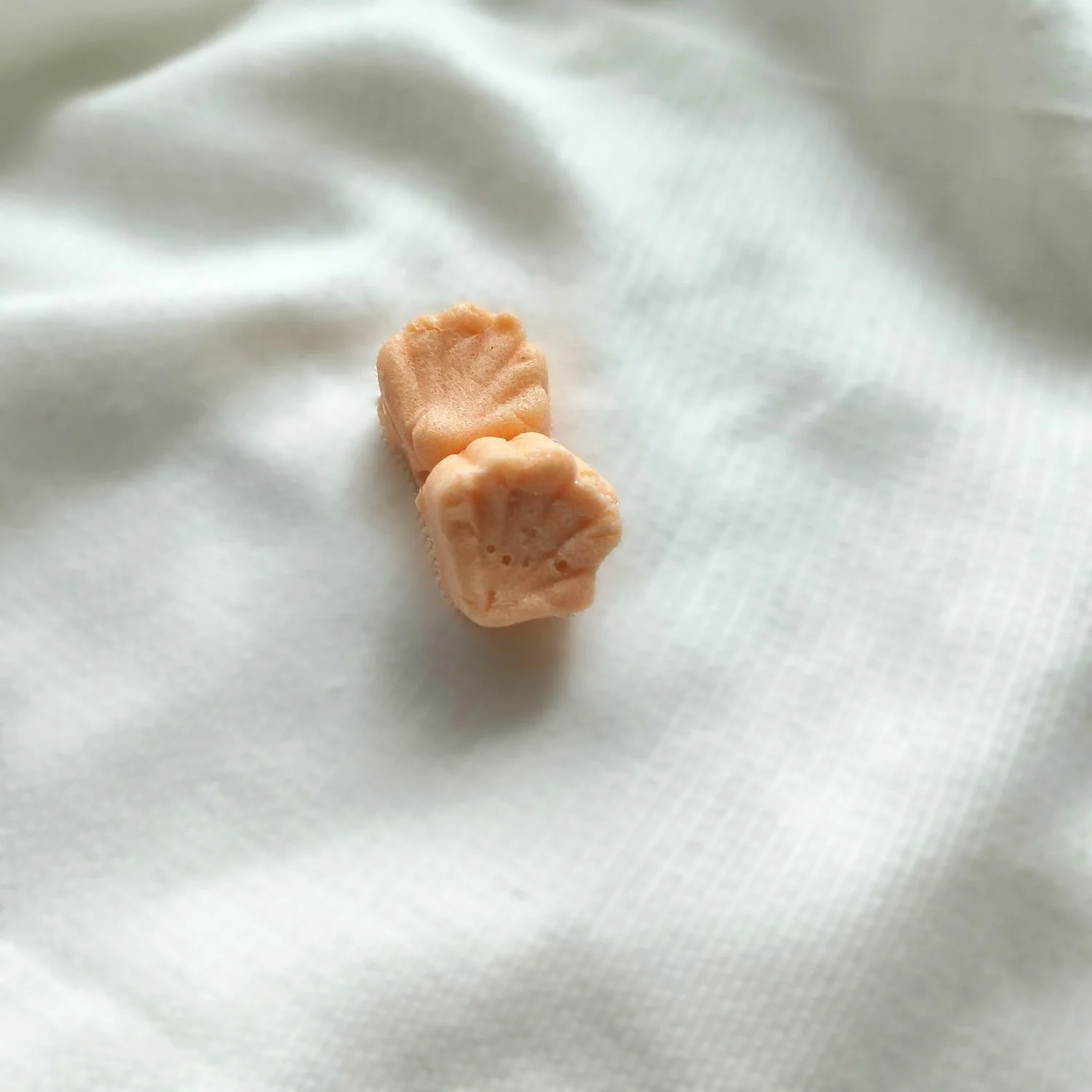 Set of two orange colored, shell shaped Pumpkin Santal Sugar Balm Shells on textured cream background.