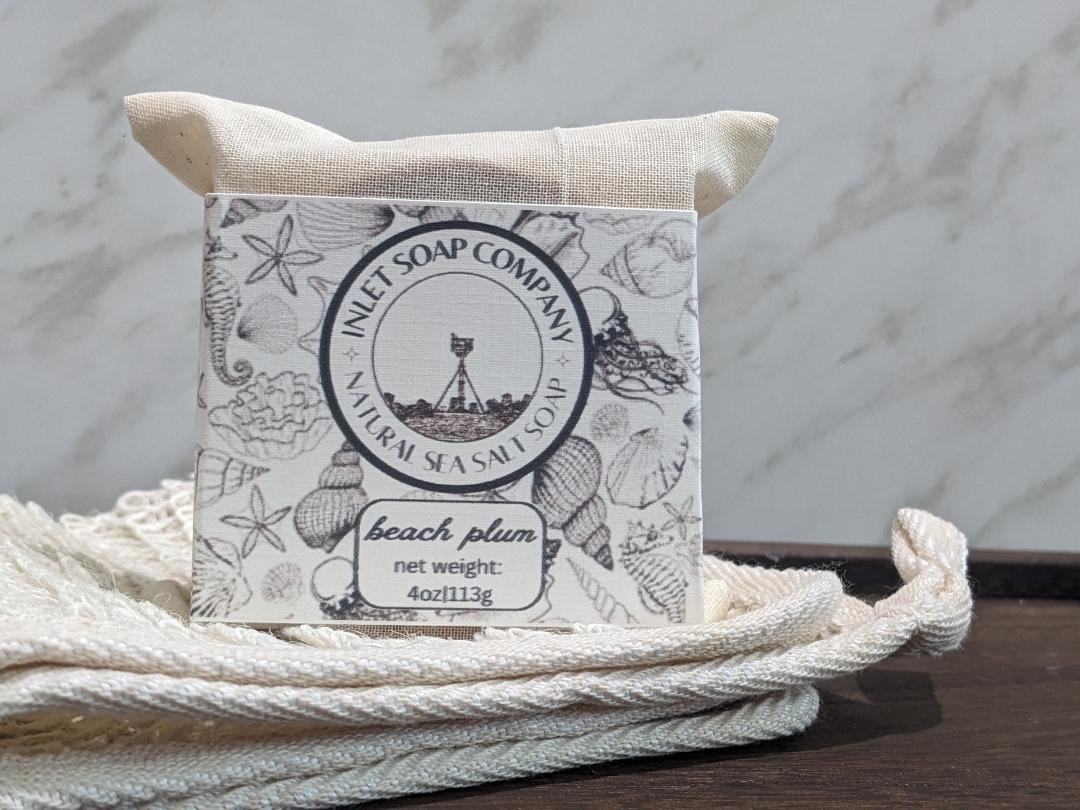 Inlet Soap Co. Sea Salt Soap wrapped in unbleached muslin.