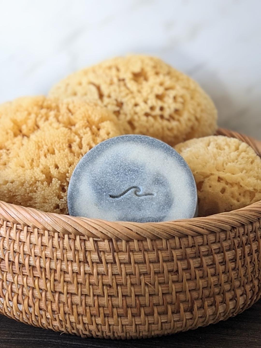 Masculine ocean-scented handmade soap – Dreadnaught sea salt bar with natural sea sponge