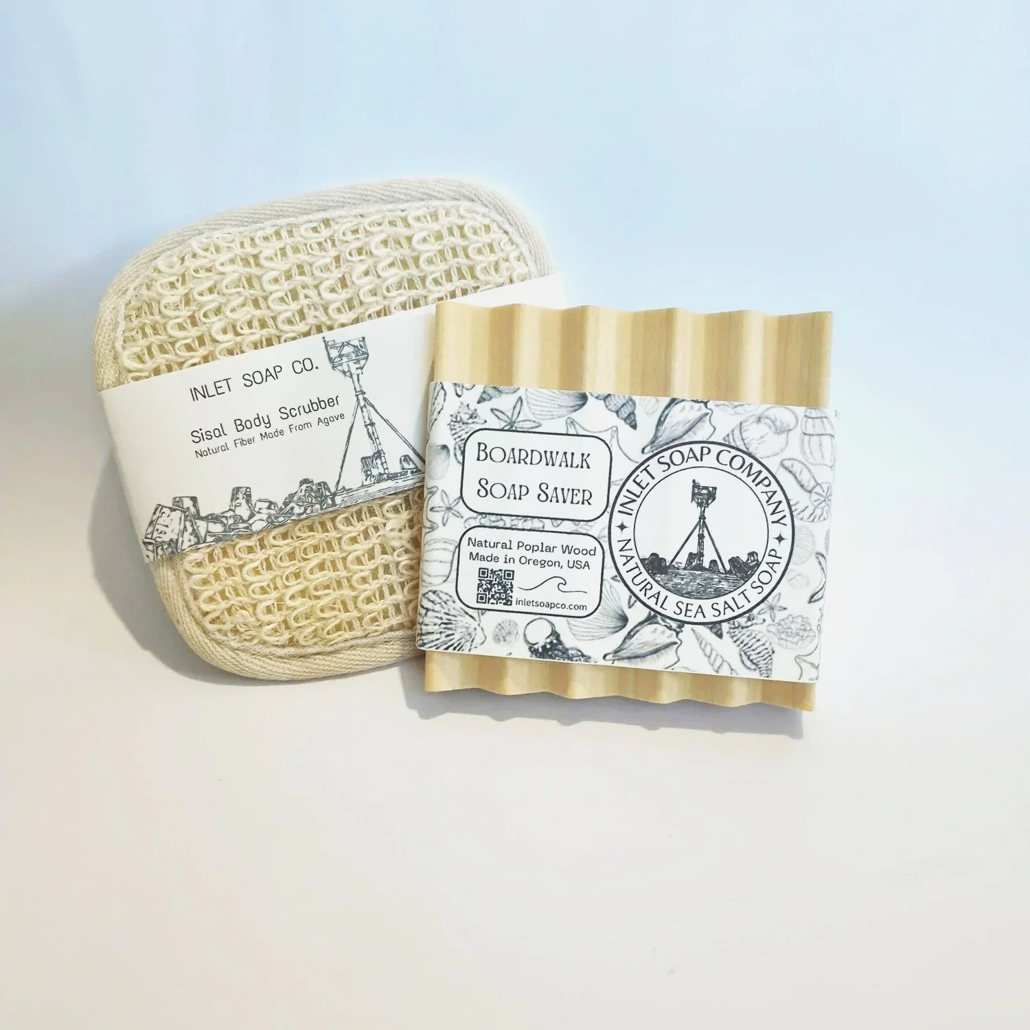 Boardwalk soap dish and sisal body scrubber on beige background, perfect accessory set for your Inlet Soap Co. soap bar.