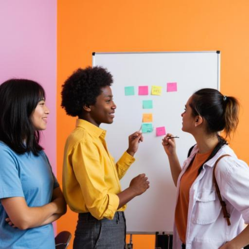 Three women standing in front of a whiteboard with colorful sticky notes, discussing together in a bright room with pink, orange, and yellow walls. They are feeling inspired and are brainstorming and generating new ideas.