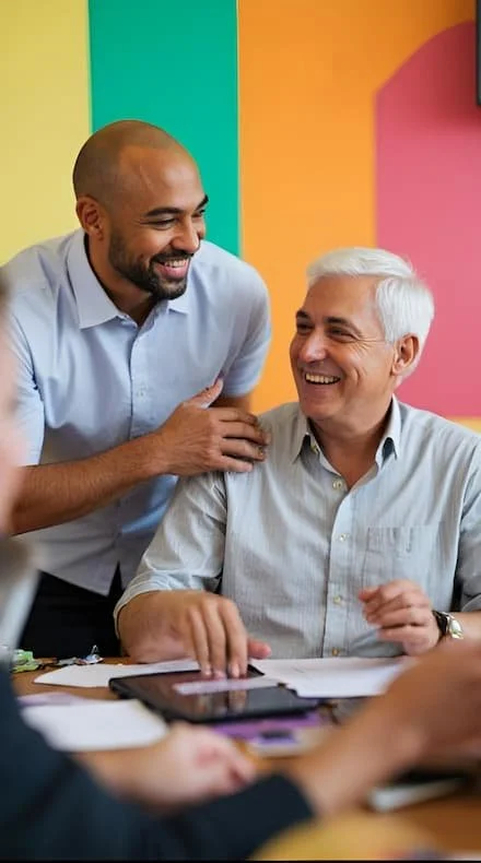 Two men smiling and laughing in a colorful room, one standing and the other sitting at a table with papers and a tablet. They have a strong relationship because they can communicate well.