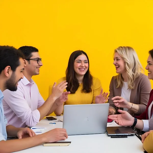 Group of five diverse young adults sitting at a white table with a laptop, smiling and engaging in conversation against a bright yellow background. The leader is helping them have an engaging conversation.