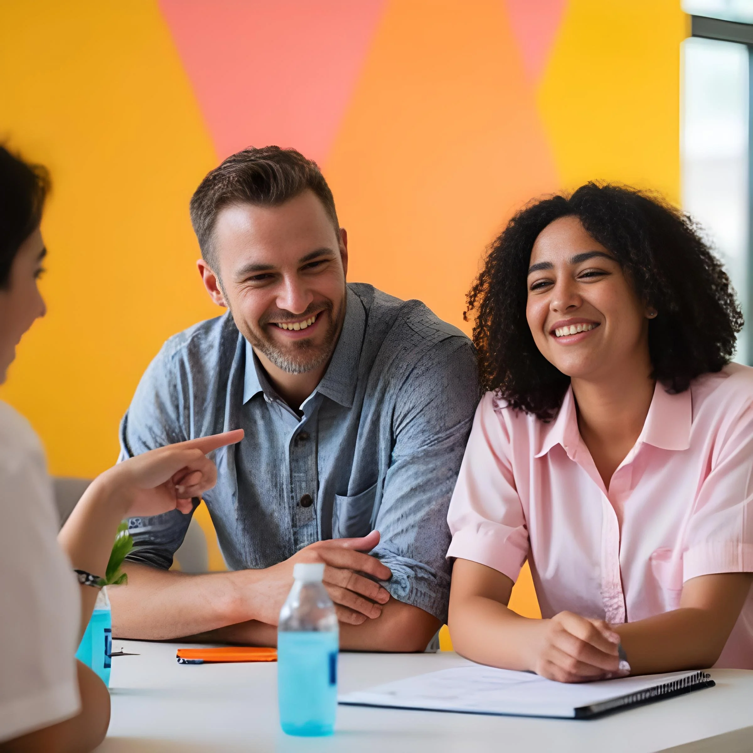 Three people smiling and talking at a table in a colorful room. They have had an effective conversation at work.