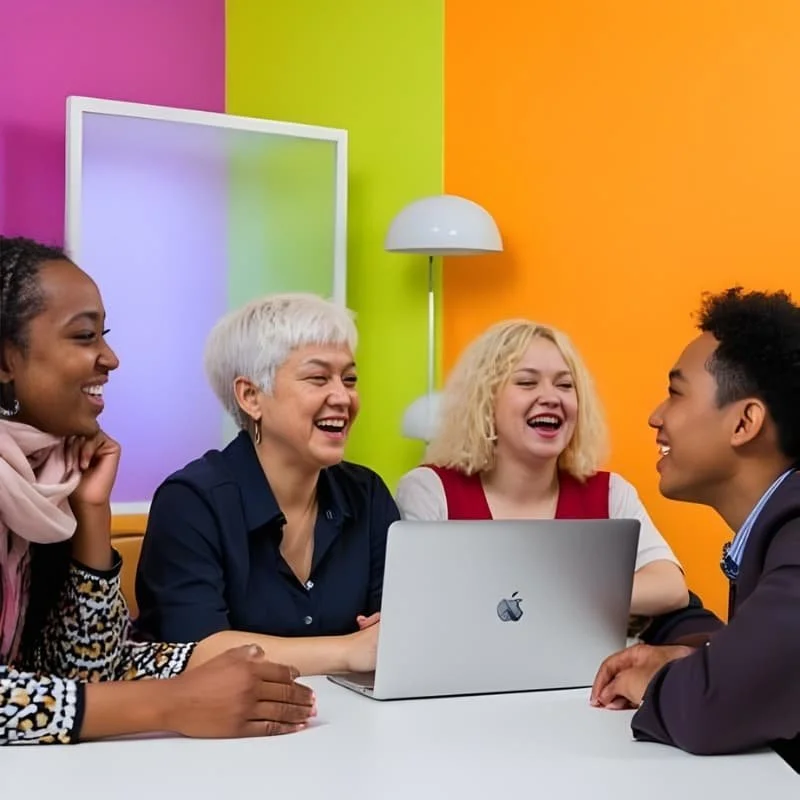 Four people sitting around a white table, laughing and engaging in a conversation with an open MacBook in front of them. The background features a brightly colored wall with orange, yellow, and green sections, a white picture frame, and a white floor lamp.