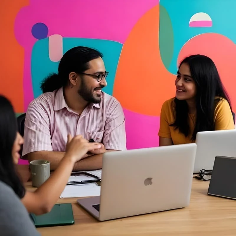 Two women and one man sitting at a table at work, chatting and smiling in front of laptops in a colorful, abstract wall mural.