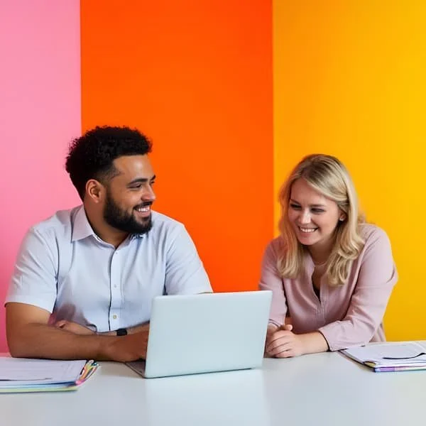 A man and a woman sitting at a white table with folders and a laptop, talking together against a colorful pink, orange, and yellow wall.