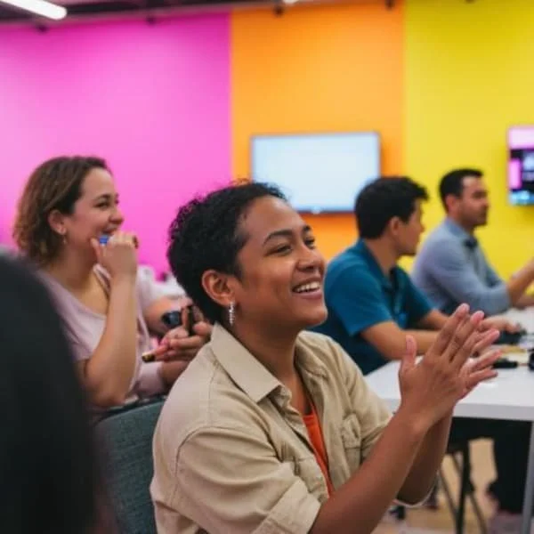 Group of people in a colorful room, smiling and clapping during a presentation or event.