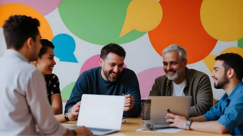 Five people sitting around a table engaged in a discussion, with colorful speech bubble decorations on the wall behind them. The leader is running a successful meeting.
