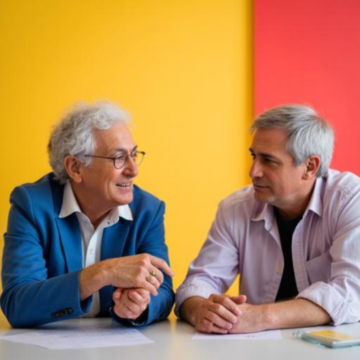 Two middle-aged men having a conversation at a table, with a yellow and red background. They have successfully had a courageous conversation and have a plan for moving forward.