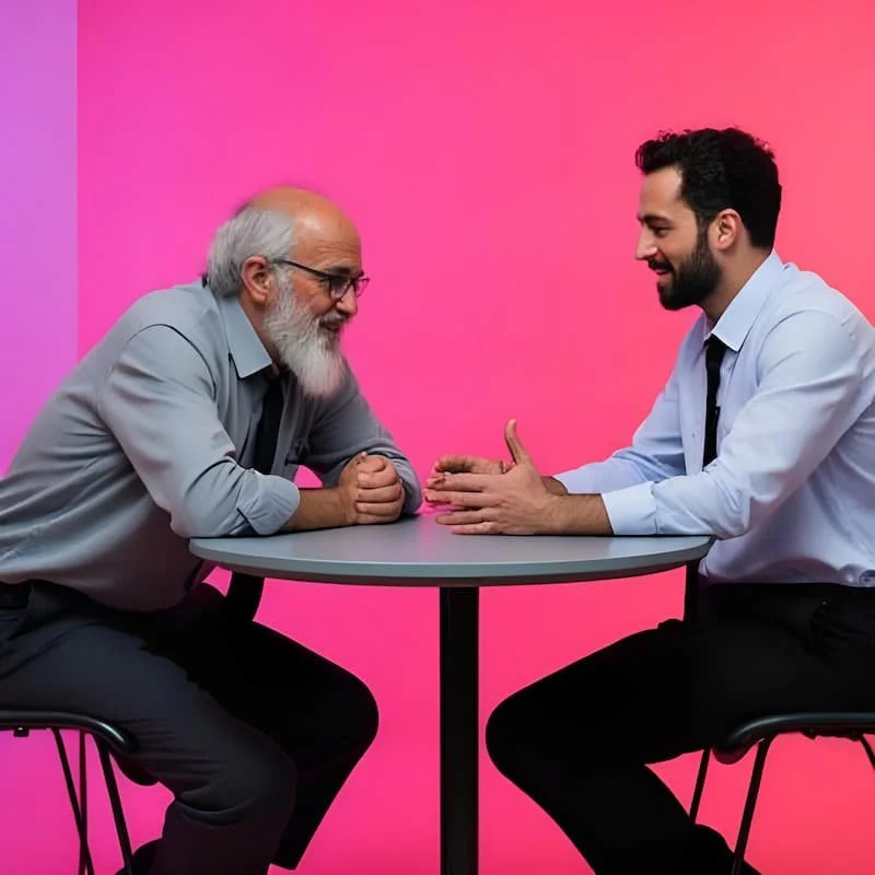 An elderly man with a gray beard and glasses and a younger man with a beard and dark hair sitting at a round table facing each other, having a successful leadership conversation, against a pink background.