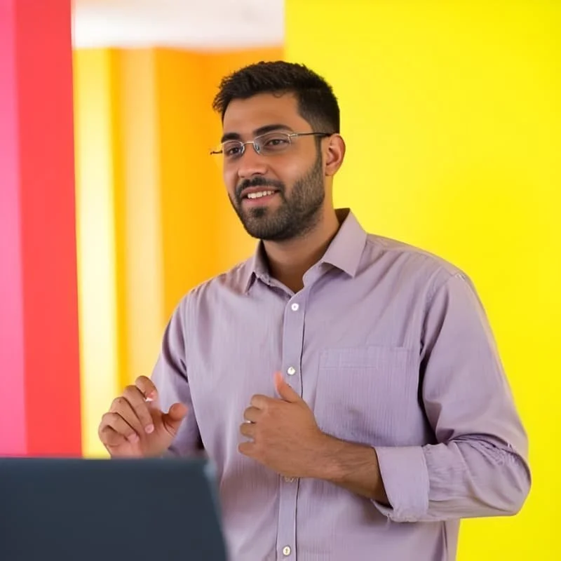A man with glasses, a beard, and short dark hair, wearing a light purple button-up shirt, smiling while giving a presentation in front of colorful background walls.