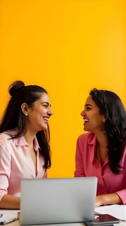 Two women smiling and laughing while sitting at a desk with a laptop against a yellow background. They are having an essential conversation at work.