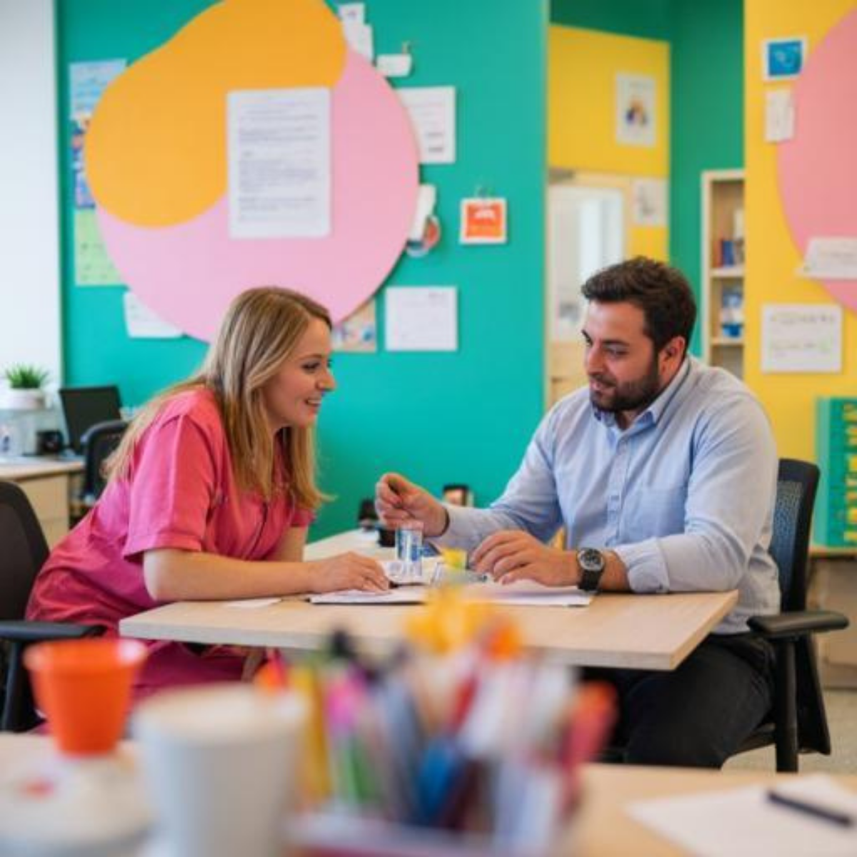 A woman and a man sit at a table in a colorful office engaging in a career and development conversation