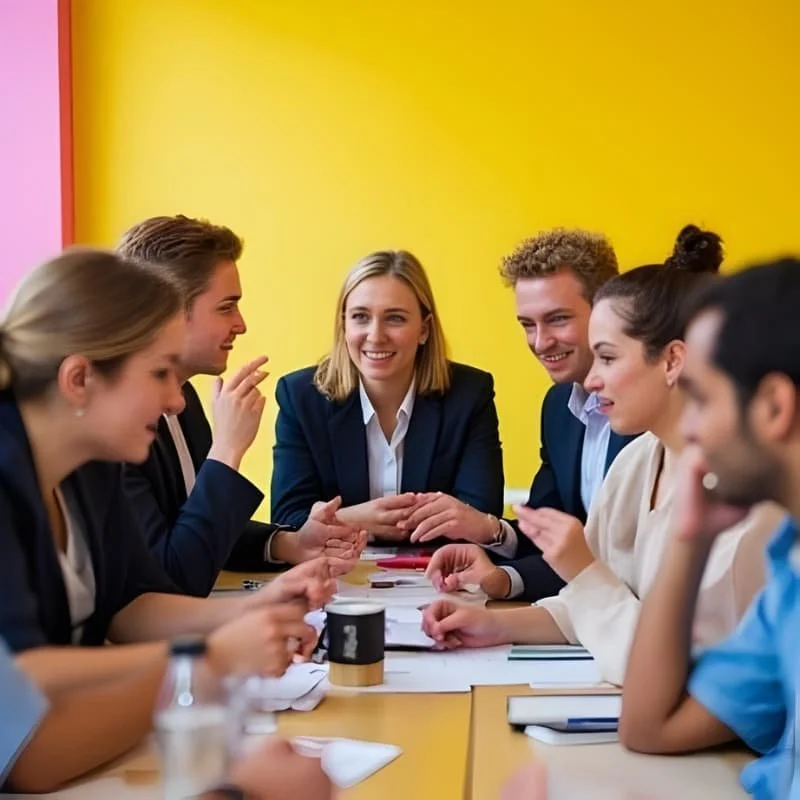 Group of business professionals sitting around a table in a meeting, engaging in discussion and smiling, with a bright yellow wall in the background.