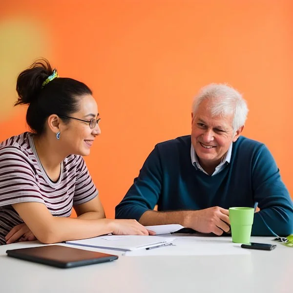 A young woman and an older man sitting at a table, smiling and looking at each other, with documents, a laptop, and a green mug on the table against an orange background. The woman has just shared some feedback with the man.